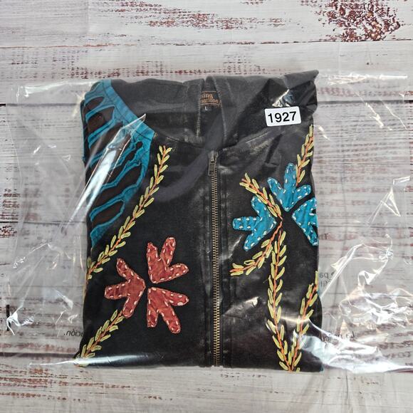 Rising International Zip up Hoodie Jacket L Patchwork Nepal Sage Multi Geo Boho - Picture 9 of 9